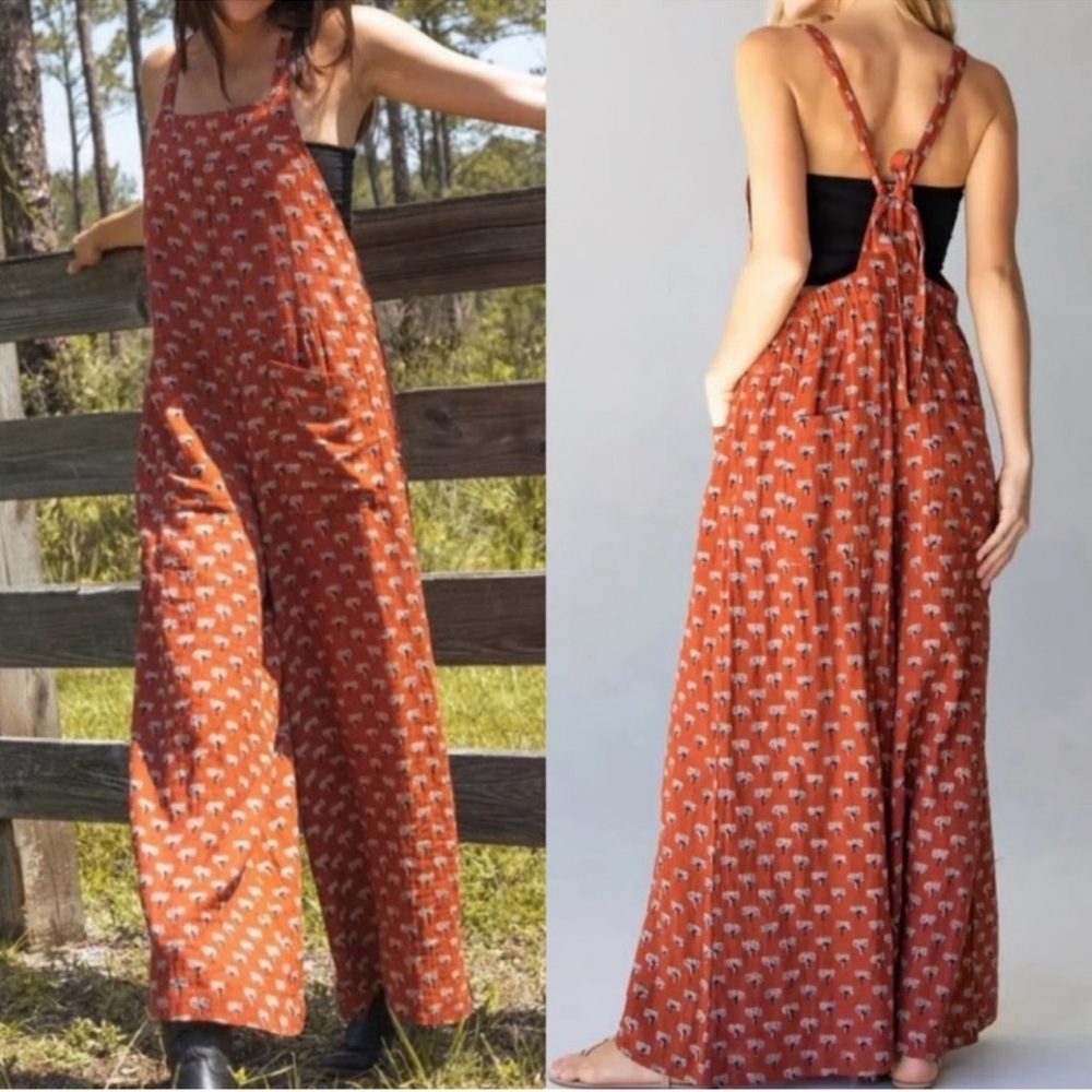 NATURAL LIFE Rust Orange Printed Tie-Back Wide Leg Jumpsuit
